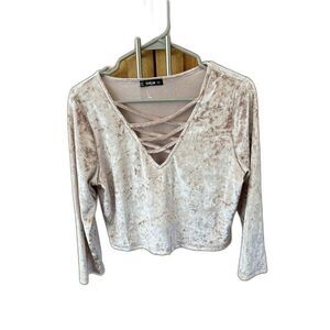 Shein Women Crop Top Crushed Velvet Long Sleeve Laced V Neck Mauve L Pullover